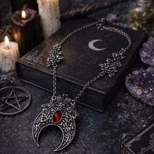KILLSTAR Moon Bloom Jeweled Necklace | Gothic Crescent Moon Floral Pendant